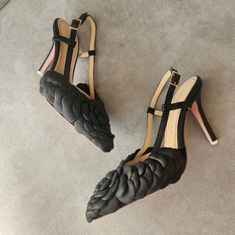 Beautiisoles Slingback Pumps 6.5 Black Leather Petals Flower Pointy Made Italy - Picture 10 of 17